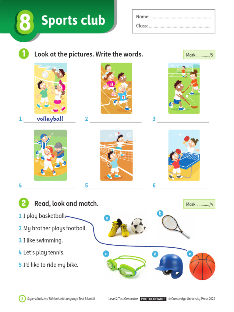 Super Minds Level 2 Unit 8 Language Test | PDF | Sports | Ball Games