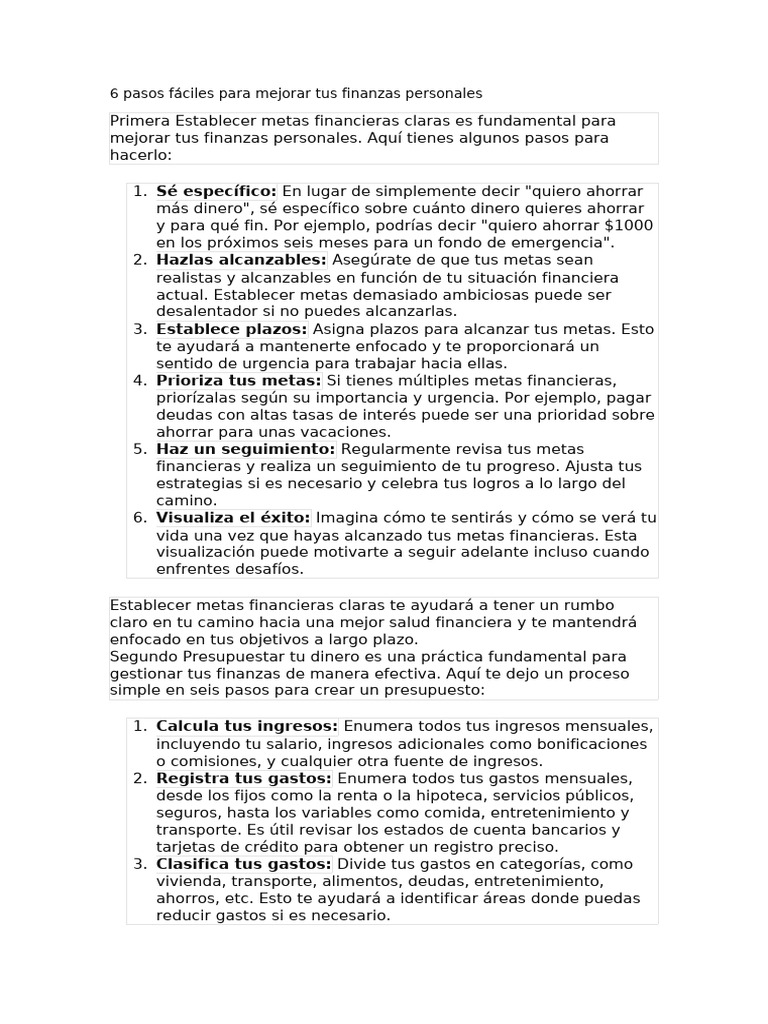 6 Pasos Fáciles para Mejorar Tus Finanzas Personales | PDF | Finanzas ...