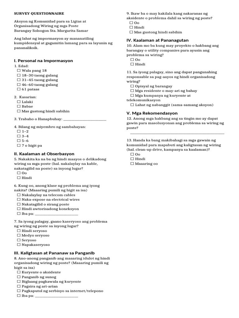 Survey Questionnaire Barangay Matobato | PDF