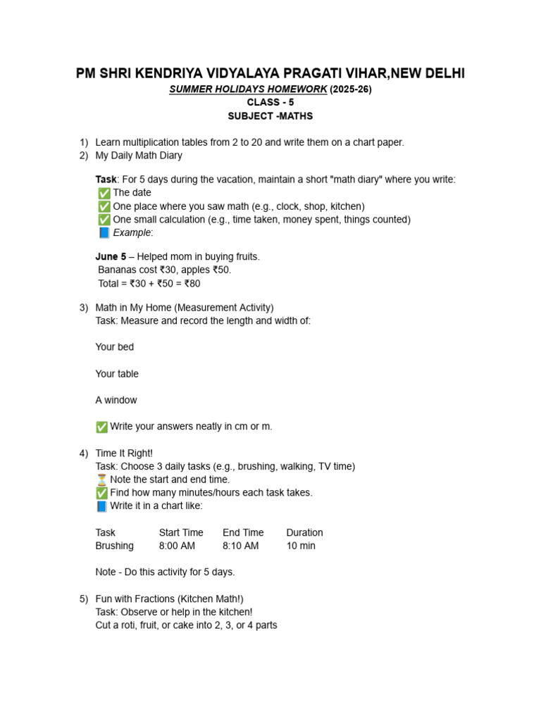 Class 5 Maths Summer Homework 2025-26 | PDF