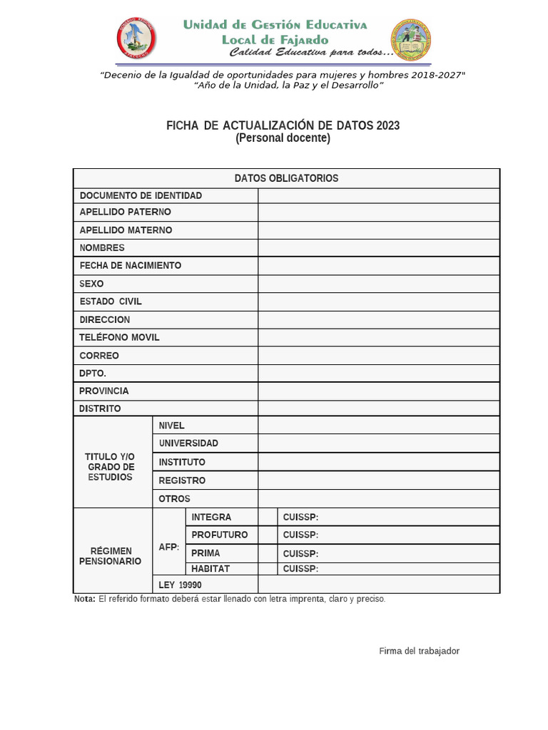 Ficha de Actualización de Datos Docentes 2023 | PDF