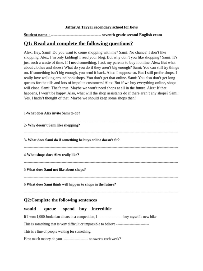 Seventh Grade English Exam: Shopping Dialogue | PDF