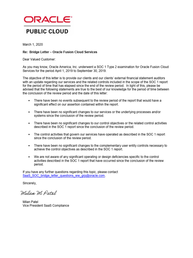 Oracle Fusion SOC 1 Bridge Letter | PDF