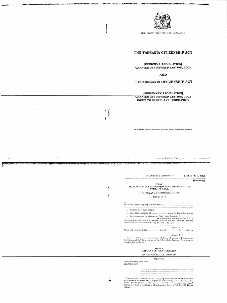Tanzania Citizenship Act Overview | PDF | Naturalization | Citizenship