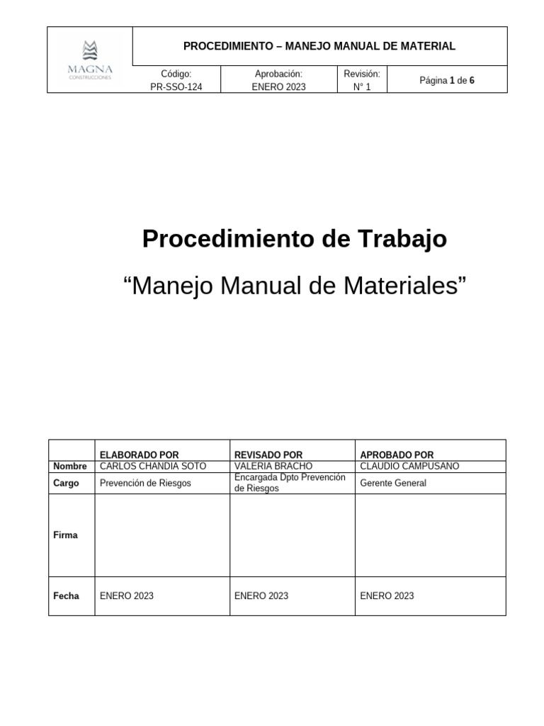 Procedimiento de Manejo Manual de Materiales | PDF