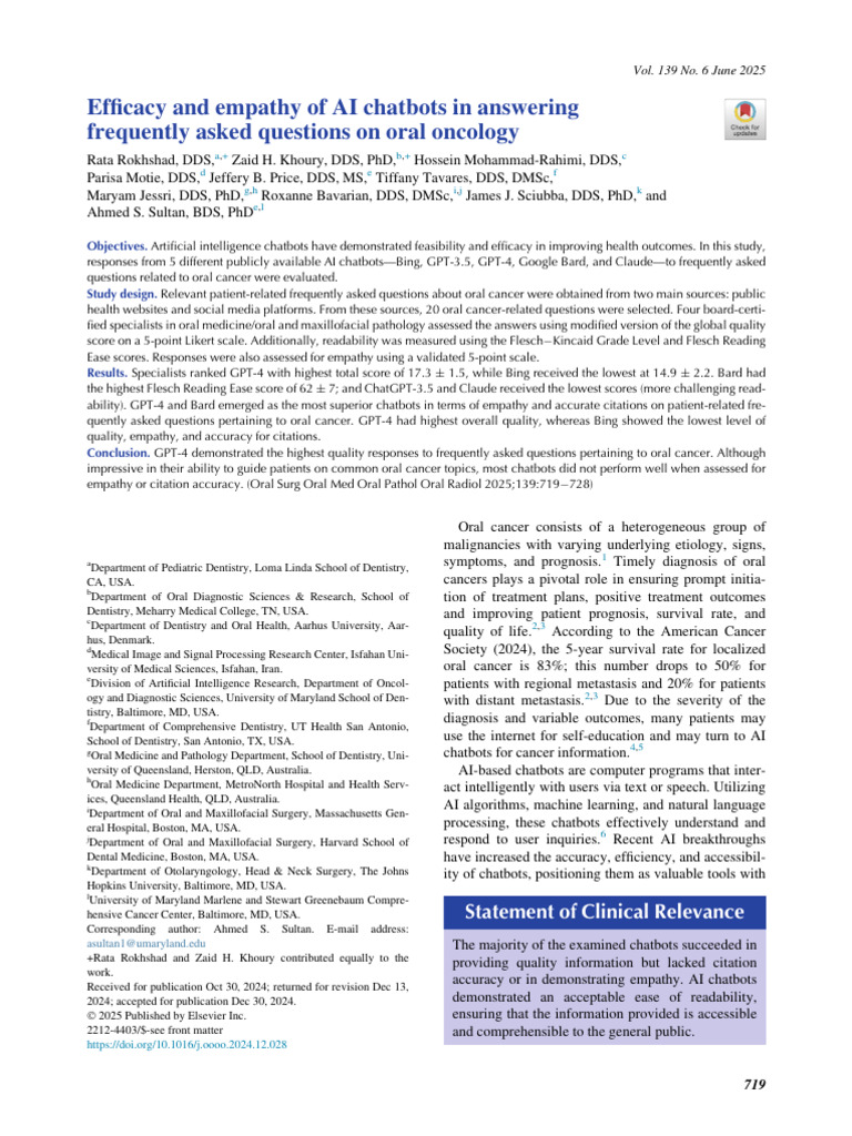 AI Chatbots in Oral Cancer FAQs Evaluation | PDF | Cancer | Health Care