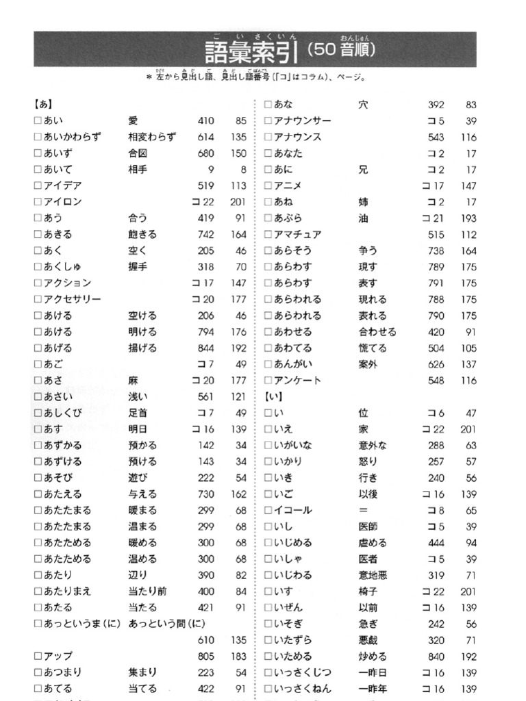Mimi Kara Oboeru N3 Vocabulary Index Answers