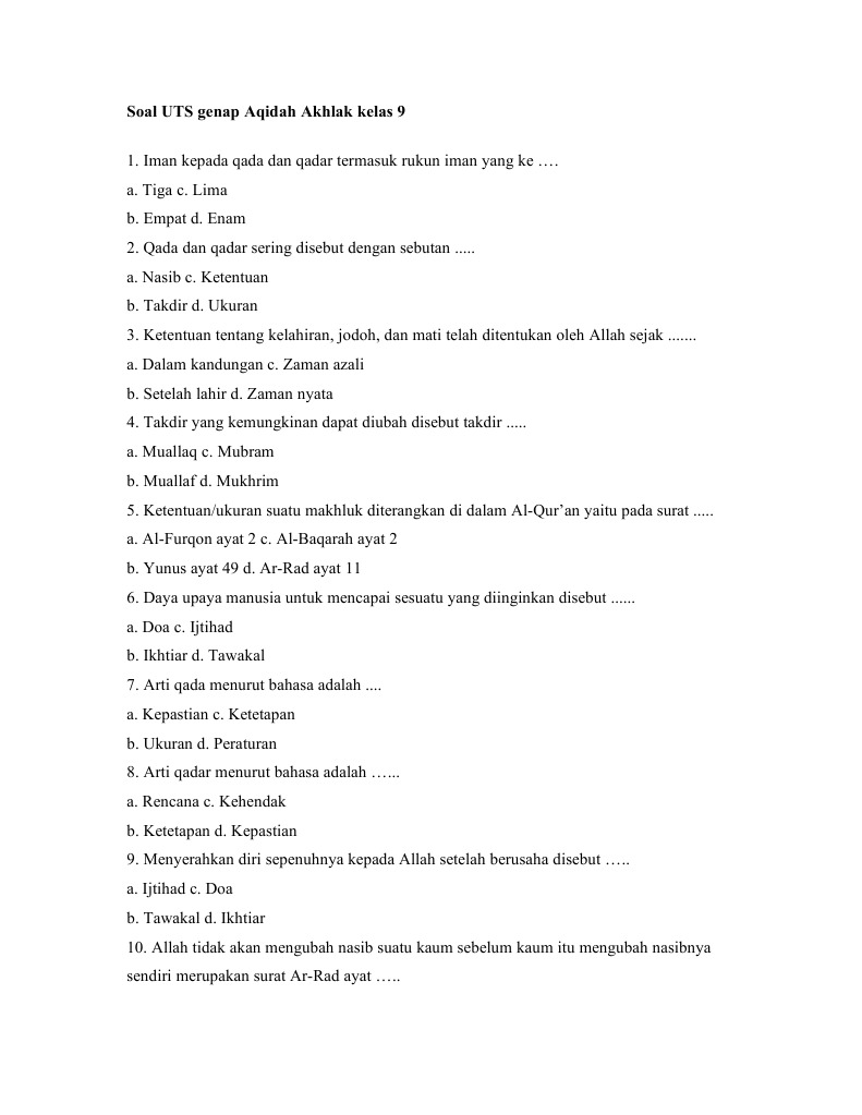 Soal Uts Genap Aqidah Akhlak Kelas 9