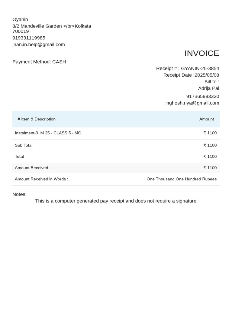 Invoice Receipt for Class 5 Payment | PDF