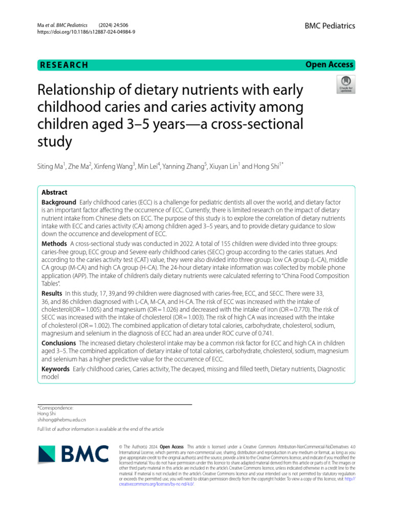 Relationship of Dietary Nutrients With Early Childhood Caries and ...