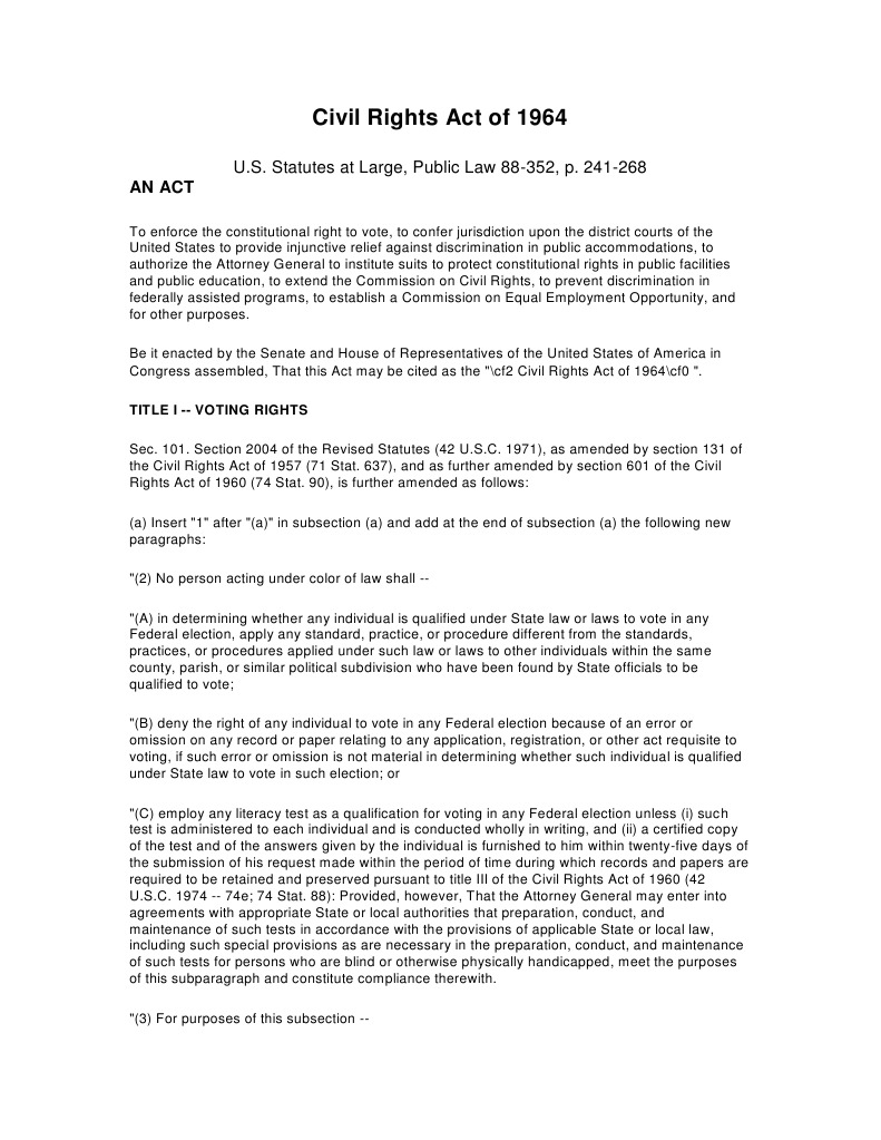 Overview of the Civil Rights Act 1964 | PDF | Civil Rights Act Of 1964 ...