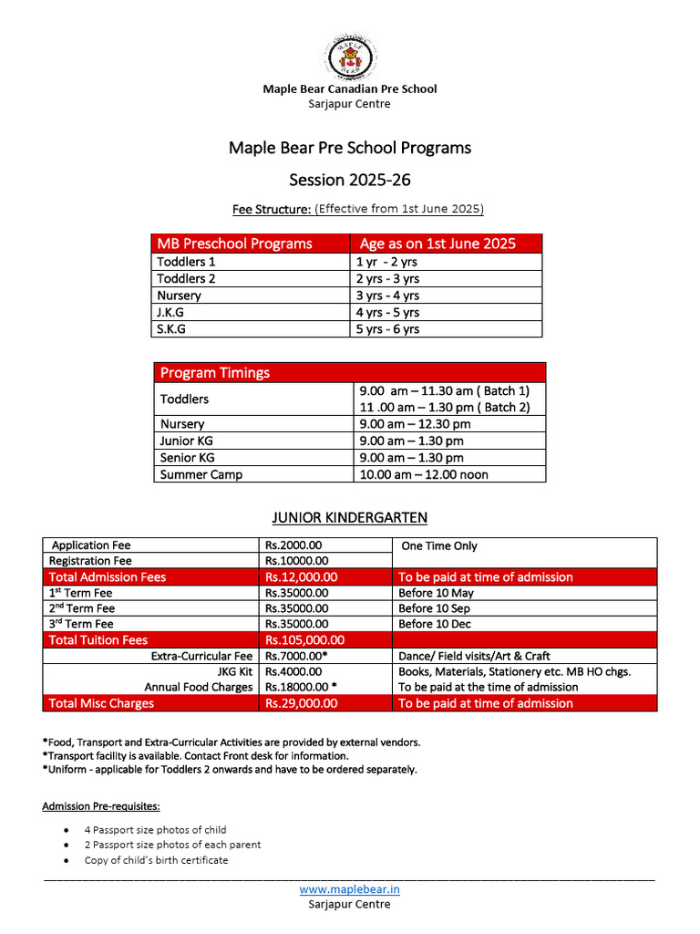 MB SJP Fee Structure 2025-26 - JKG | PDF | Child Care | Preschool