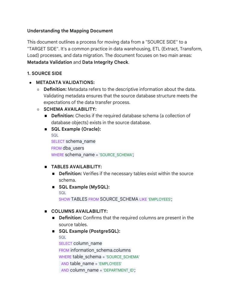 Mapping Document Source Side - Metadata Validat... | PDF | Databases | Sql