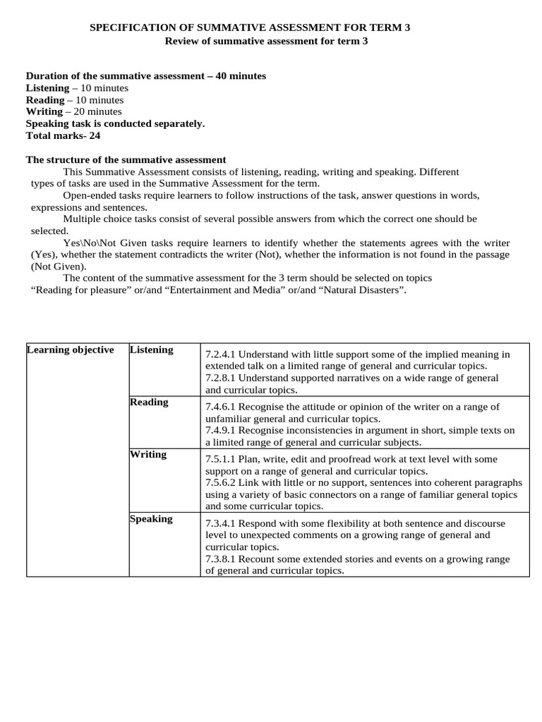 Term 3 Summative Assessment Guide | PDF | Educational Assessment ...