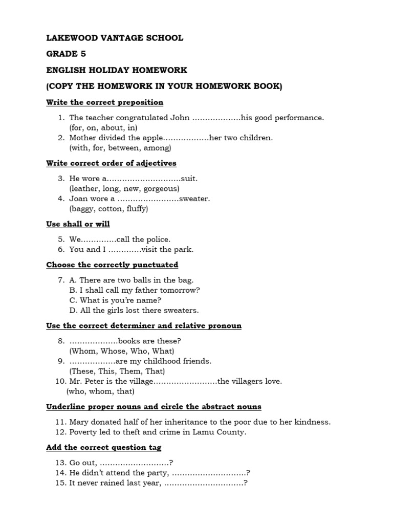 Grade 5-7 English Holiday Homework | PDF | Noun | Linguistic Morphology