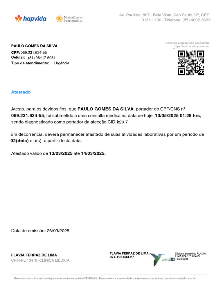 Atestado Médico CID K29.7 - 2 Dias | PDF