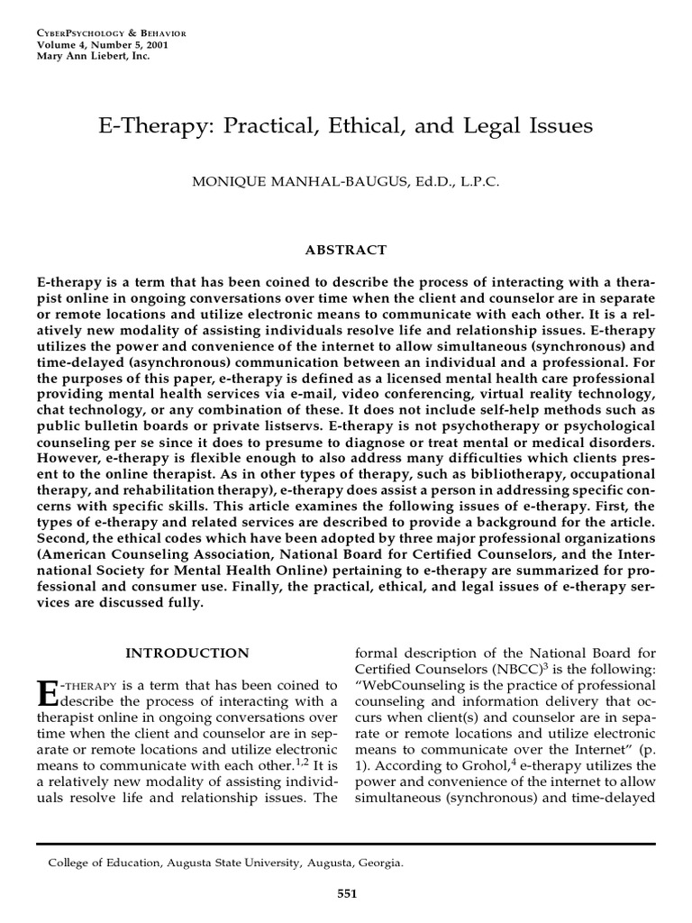 ETherapy Practical, Ethical, and Legal Issues | PDF | Psychotherapy ...