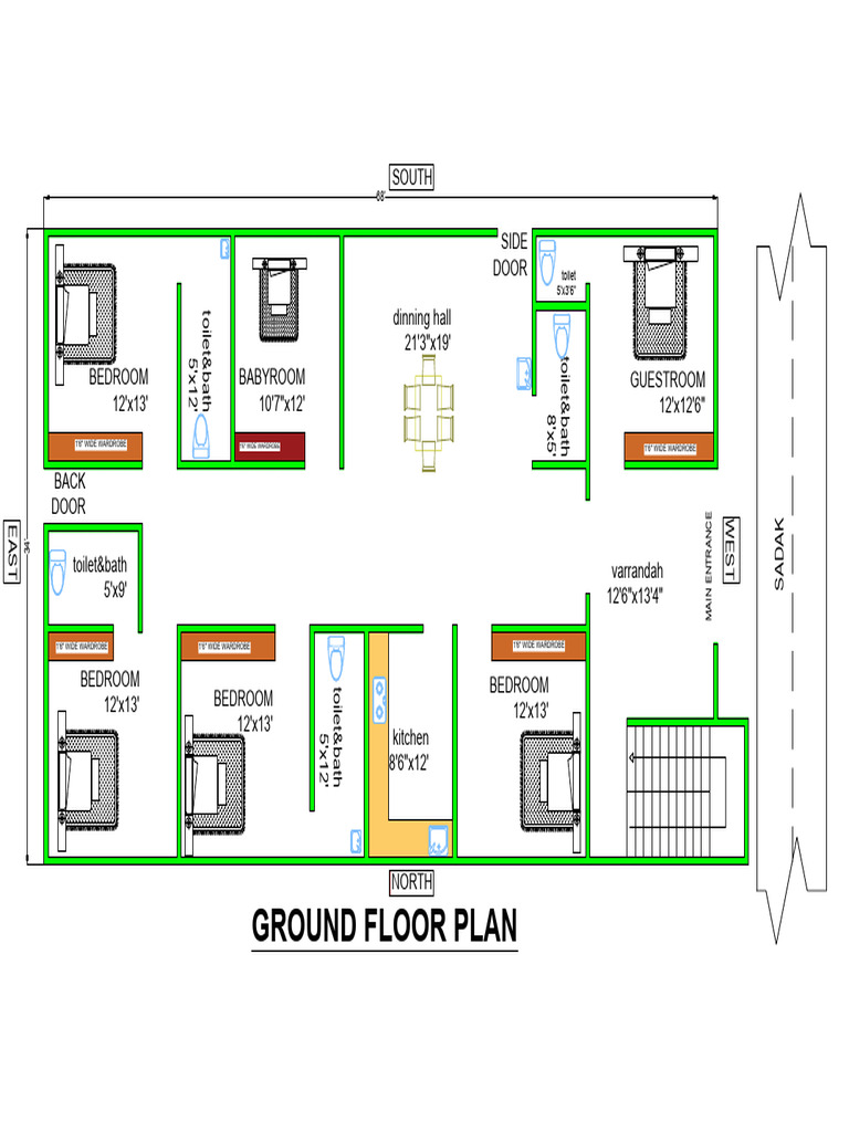 Detailed Ground Floor Plan Layout | PDF | Room | Furniture