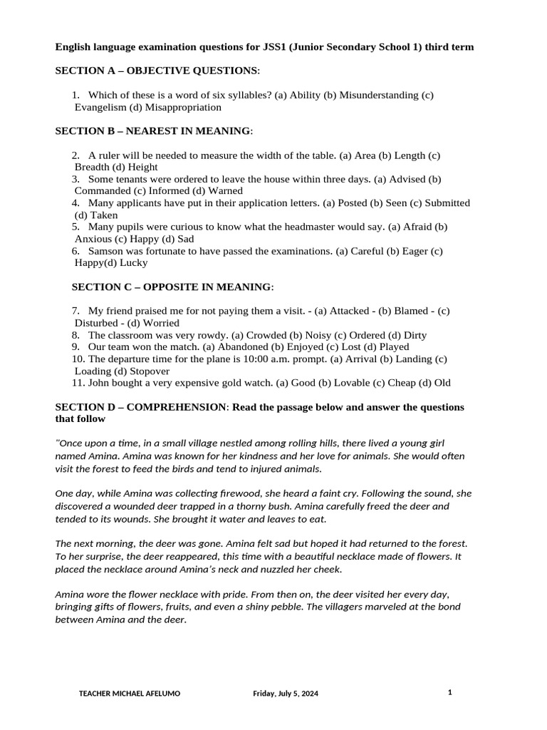 JSS1 English Exam Questions and Comprehension | PDF | Poetry