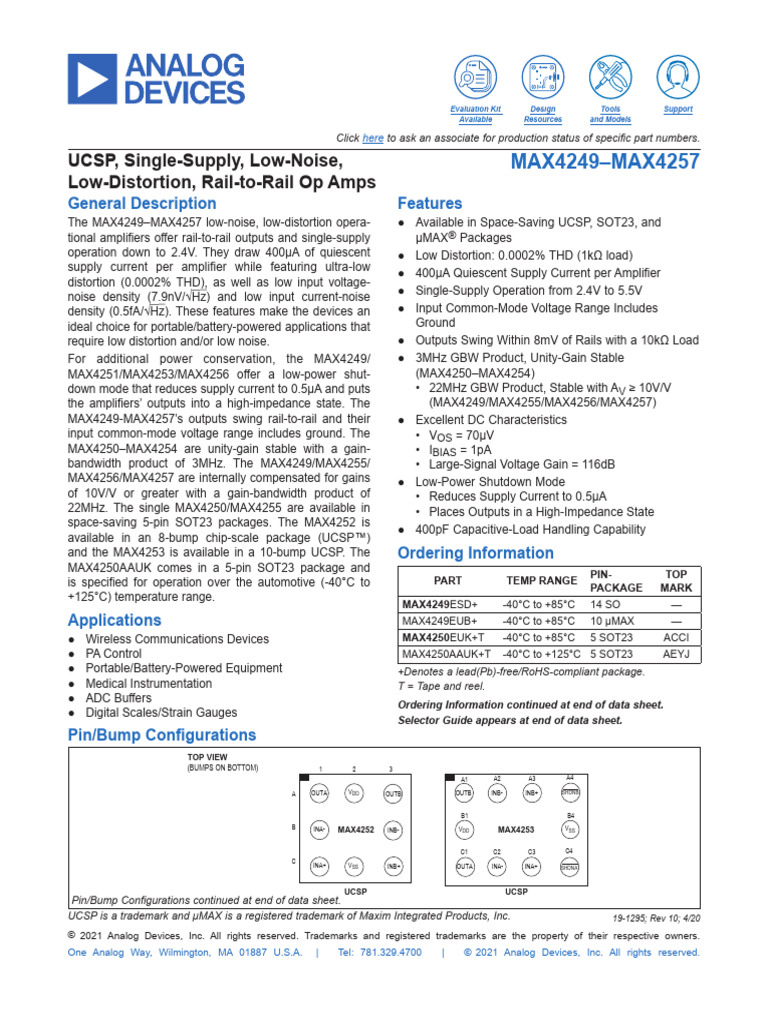 MAX4250 Low-Noise Op Amps Overview | PDF | Amplifier | Operational ...