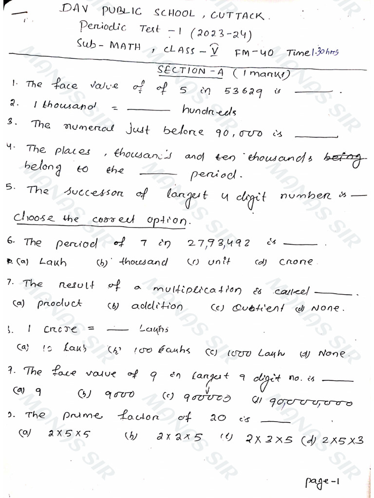 Class 5 PT 1 Mock Test 2025 | PDF
