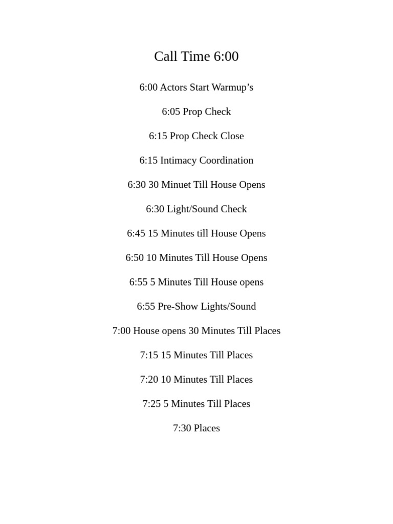 Performance Call Time Schedule | PDF