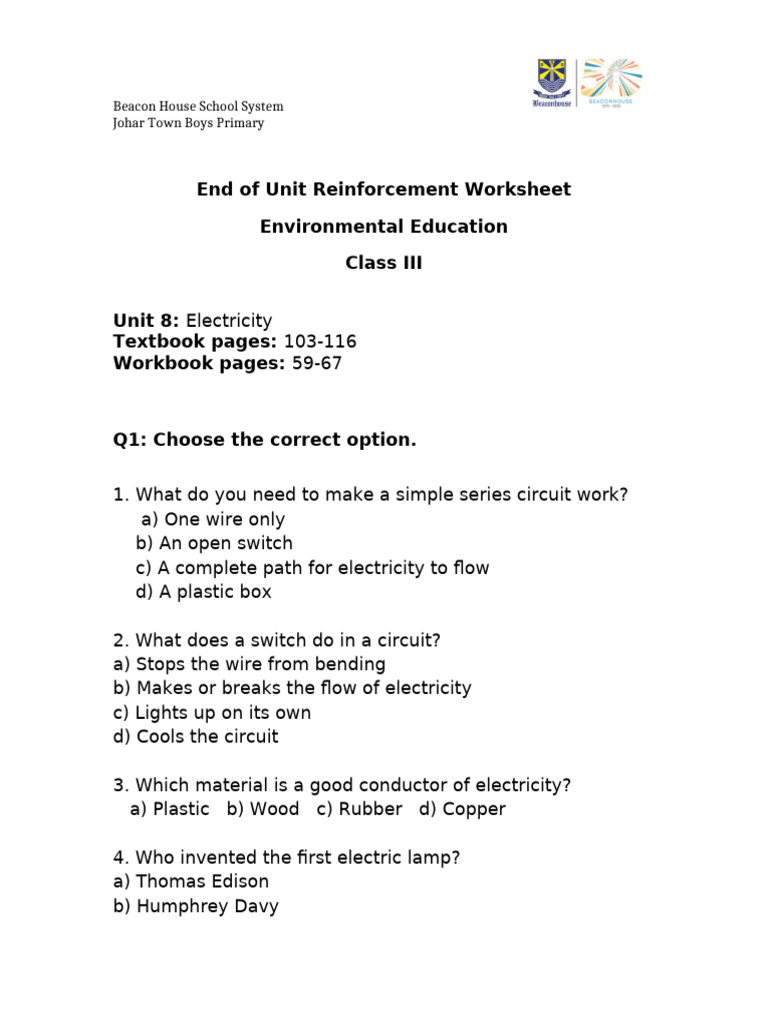 End Of Unit 8 Reinforcement Worksheet PDF