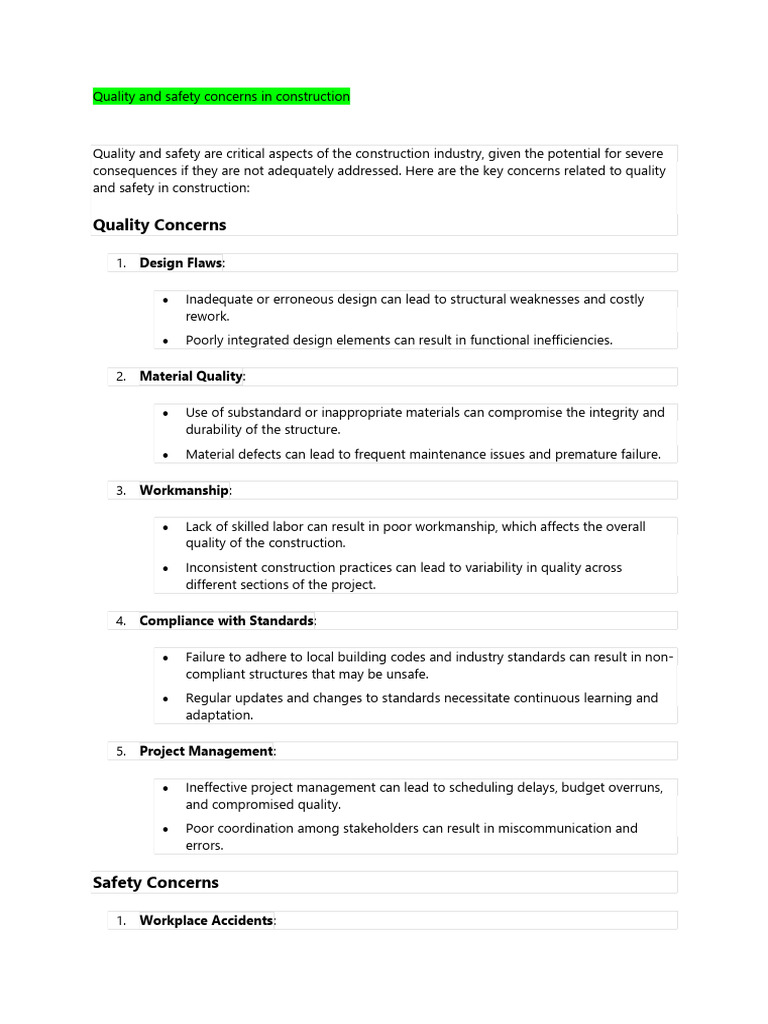 Construction Quality and Safety Concerns | PDF | Quality Assurance ...