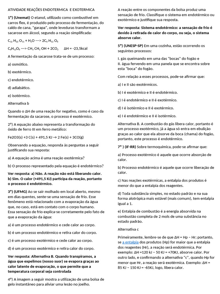Exercícios sobre Reações Endotérmicas e Exotérmicas | PDF | Entalpia ...