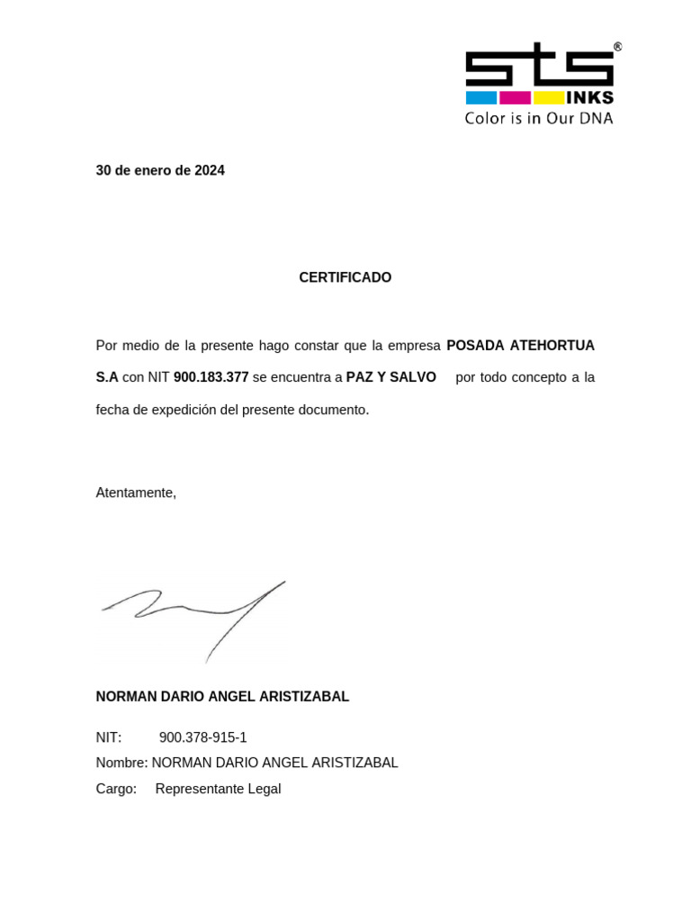 Certificado de Paz y Salvo - Posada Atehortua | PDF