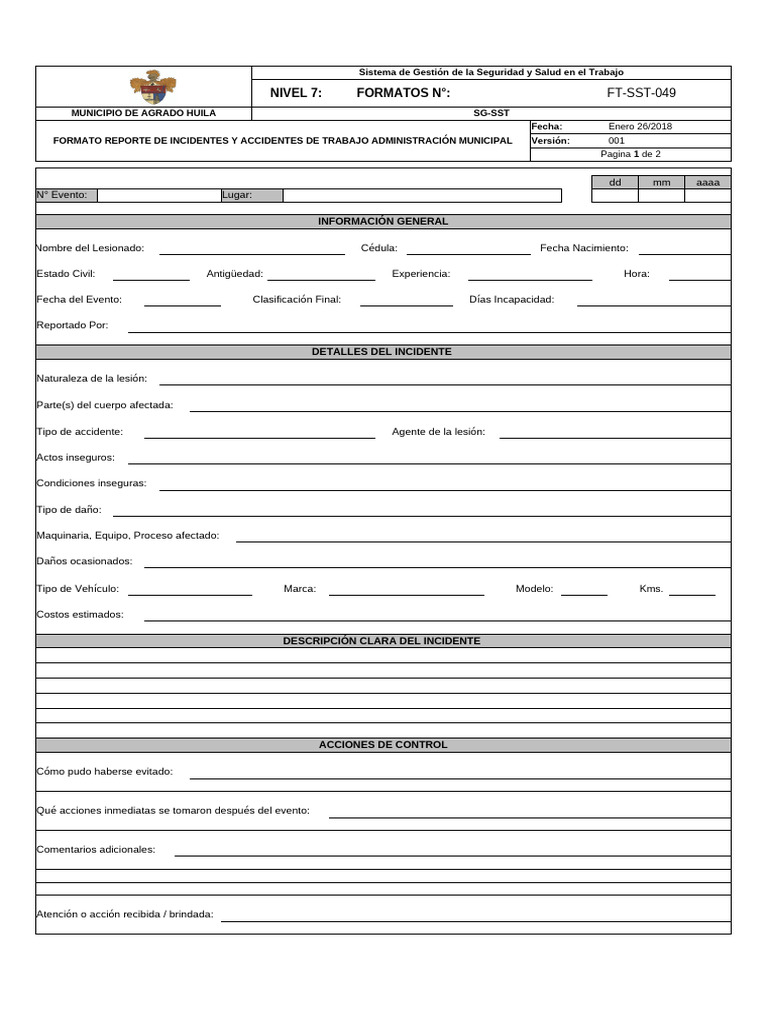 FT-SST-049 Formato Reporte Incidentes y Accidentes | PDF