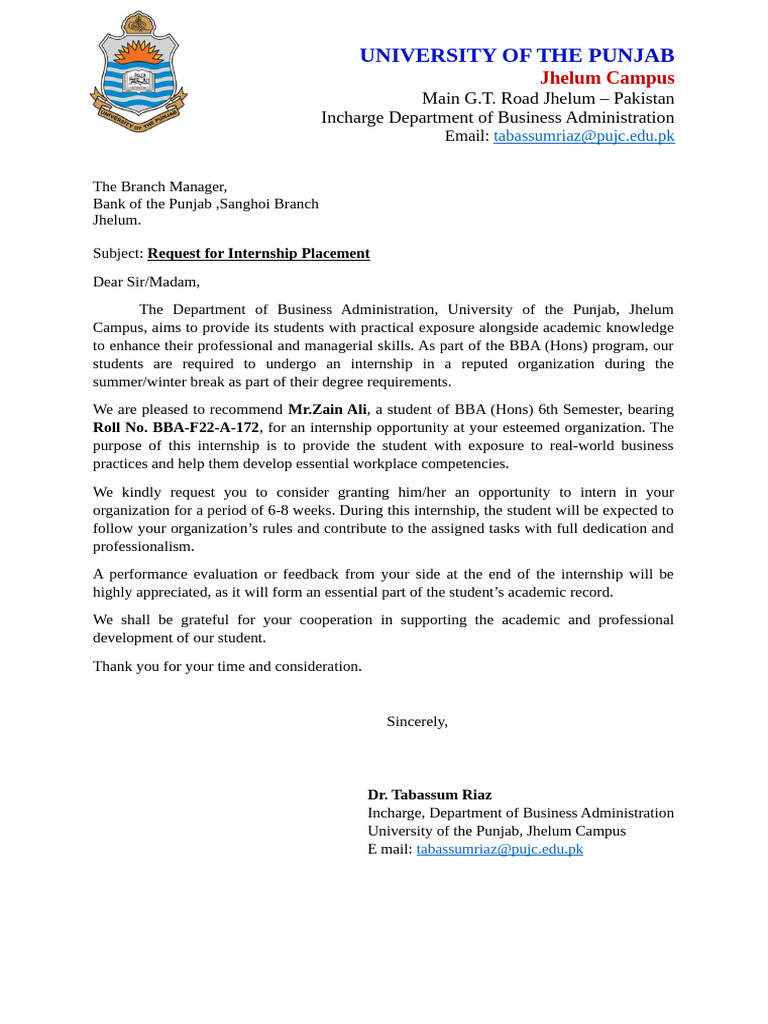 Internship Placement Request for Student | PDF