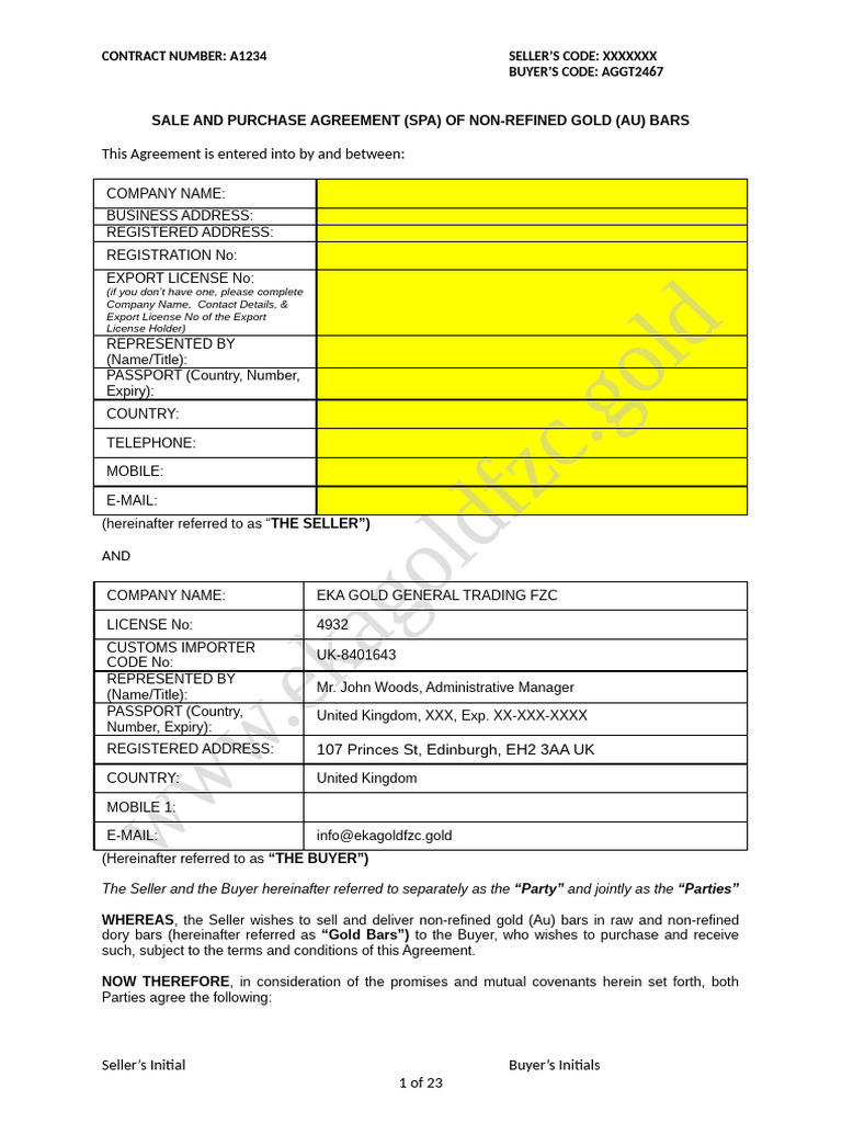 Non-Refined Gold Bars Purchase Agreement | PDF | Letter Of Credit