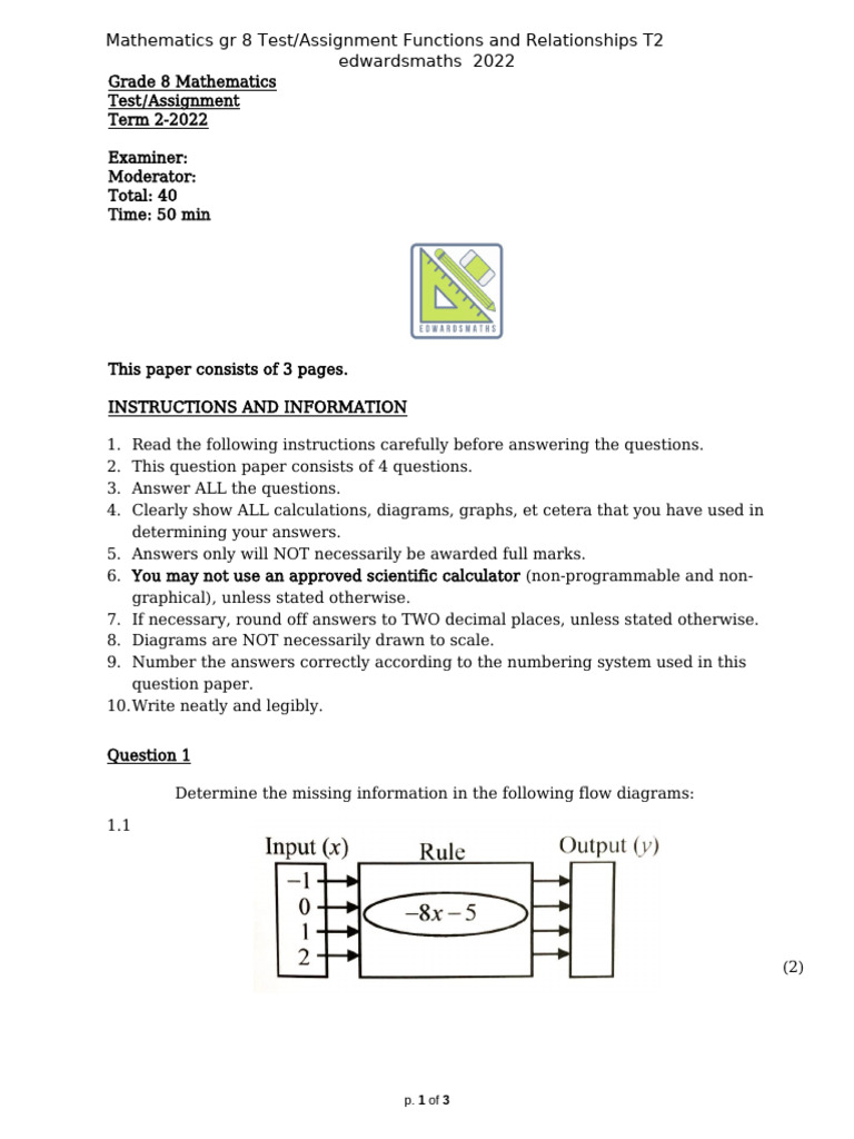 Grade 8 Maths Functions Test T2 2022 | PDF | Numbers | Mathematics