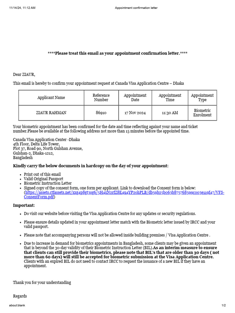 Appointment Confirmation Letter Pdf Travel Visa National Security