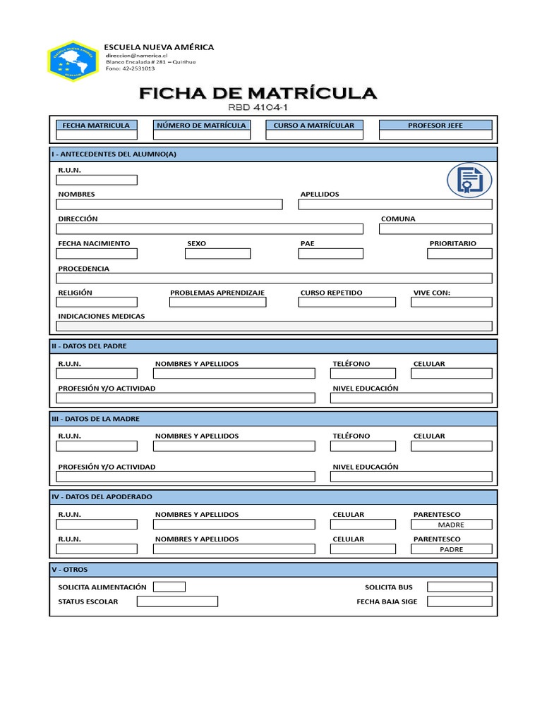 Formulario de Matrícula Escolar Completo | PDF