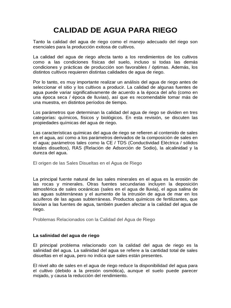 Calidad de Agua para Riego | PDF | Agua | Riego
