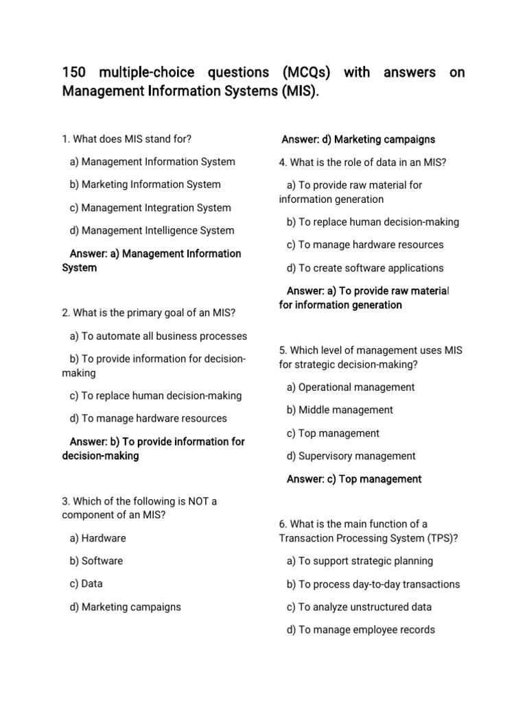 MIS Multiple-Choice Questions and Answers | PDF | Customer Relationship ...