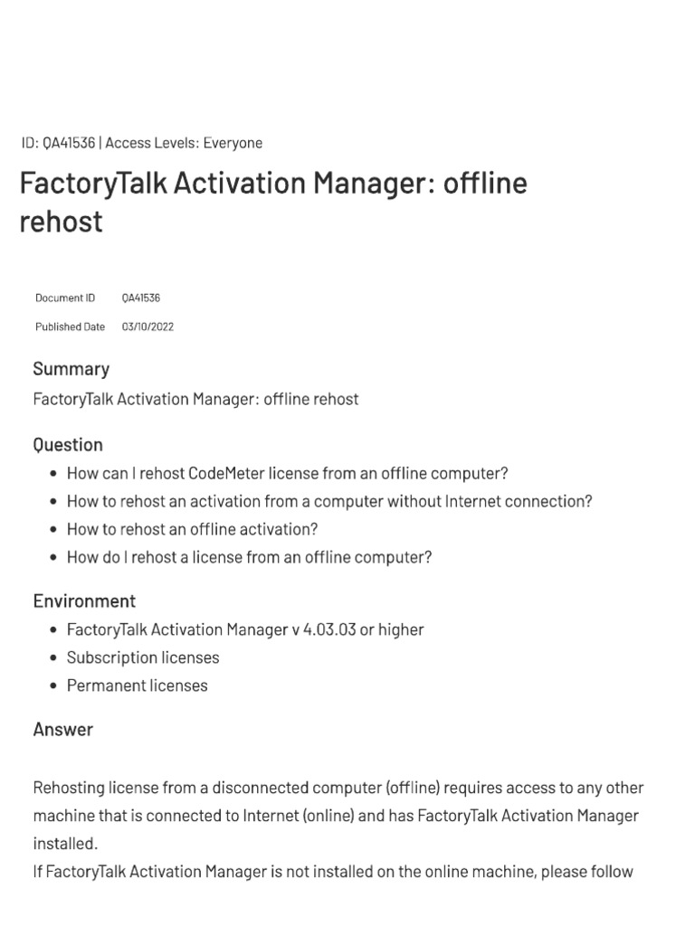 FactoryTalk Activation Manager Offline Rehost | PDF