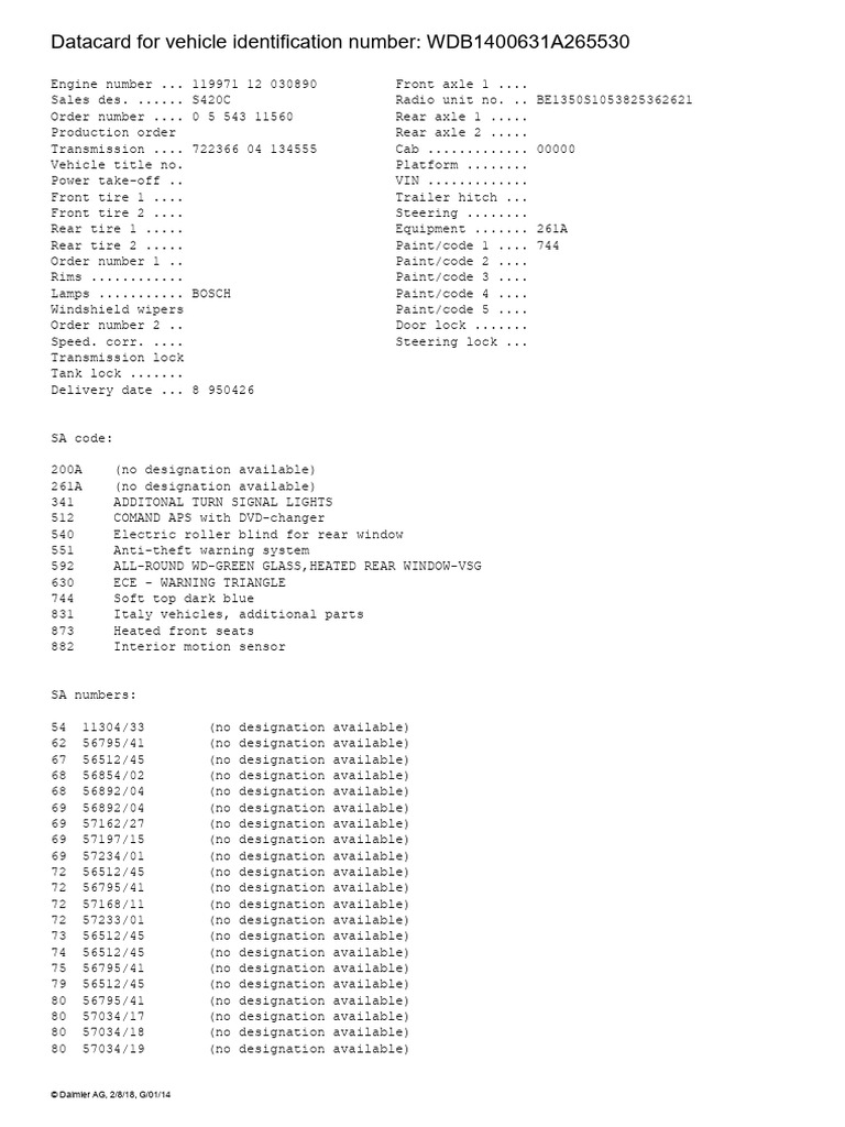 Vehicle Identification Data Sheet | PDF | Automotive Industry ...