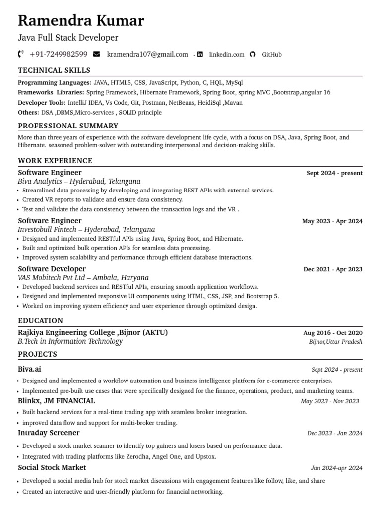 Java Developer Resume: Ramendra Kumar | PDF | Databases | Systems ...
