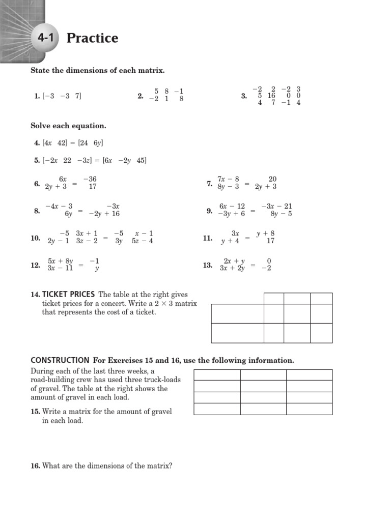 Introduction to Matrices Worksheet | PDF | Matrix (Mathematics ...