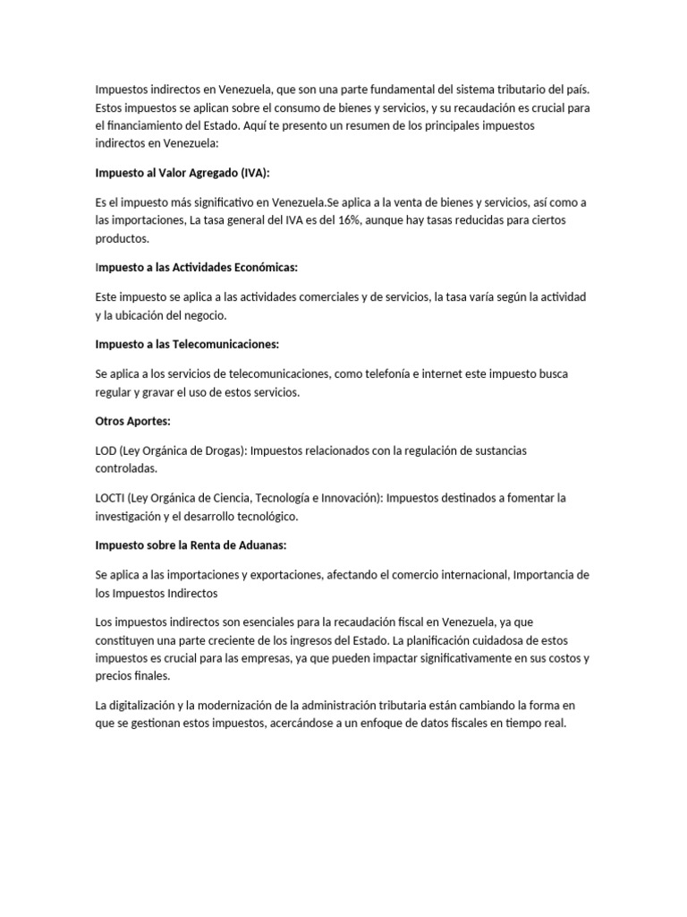 Impuestos Indirectos en Venezuela: Guía Completa | PDF | Impuesto al ...