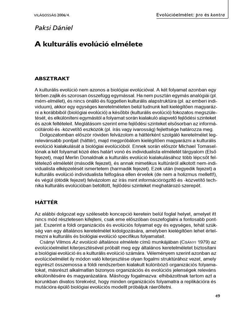 Paksi Dániel A Kultúrális Evolúció Elmélete | PDF