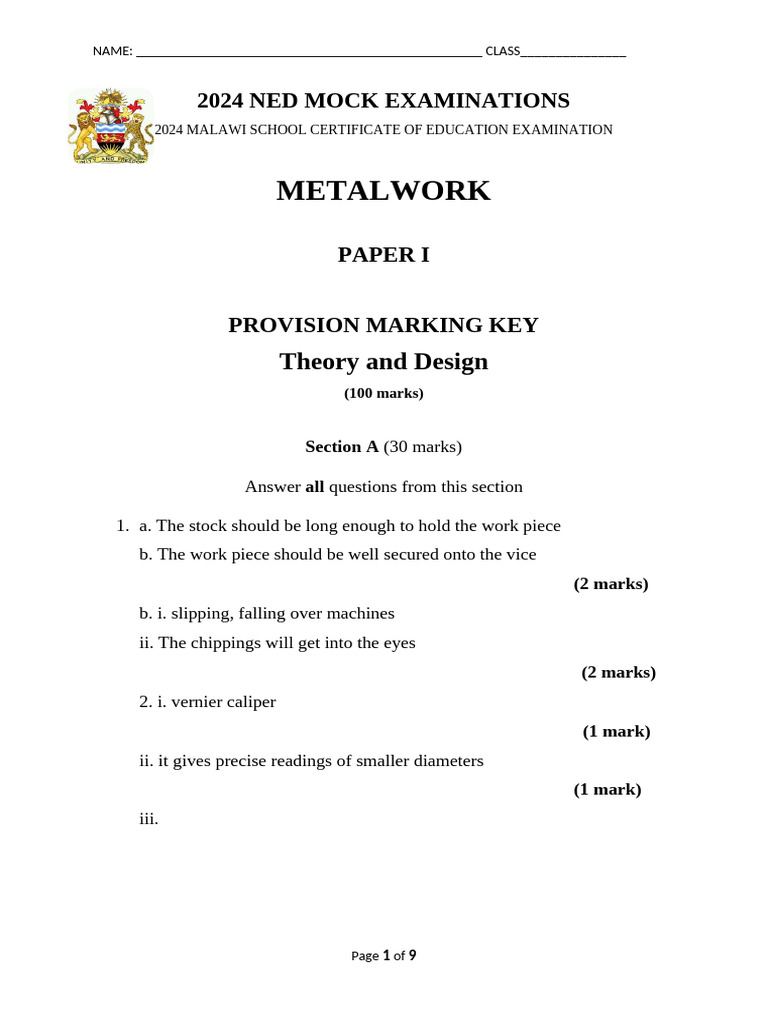2024 Malawi Metalwork Exam Marking Key | PDF | Metalworking | Welding