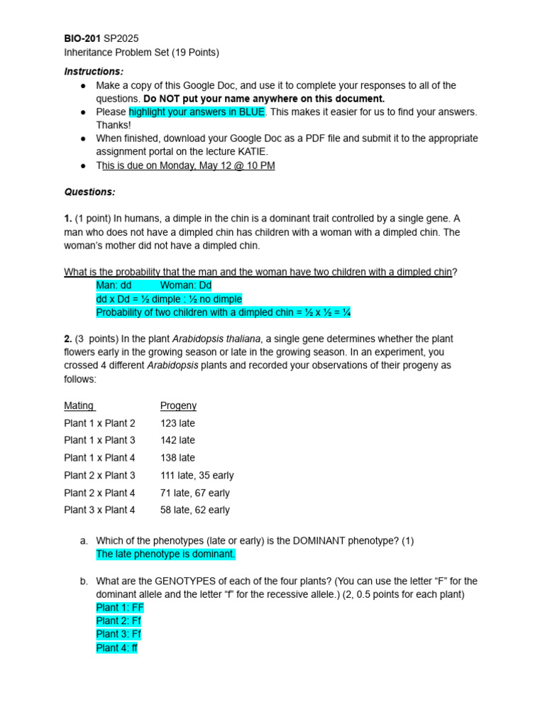 Inheritance Problem Set for BIO-201 | PDF | Dominance (Genetics) | Zygosity