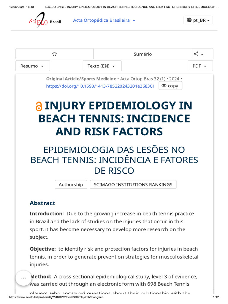 SciELO Brasil - INJURY EPIDEMIOLOGY IN BEACH TENNIS - INCIDENCE AND ...