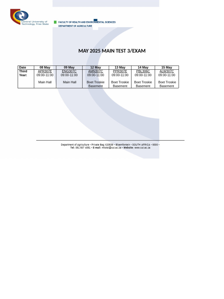 Third Year Test - Exam May Timetable 25 February 2025 | PDF