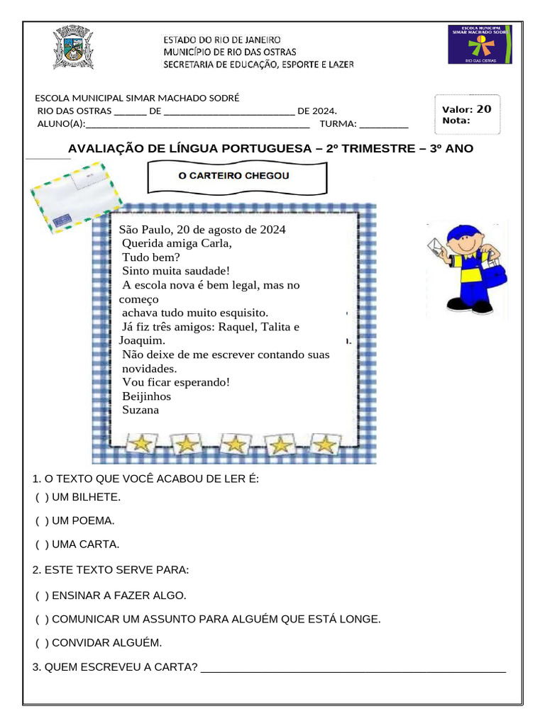 Avaliação de Português - 3º Ano | PDF