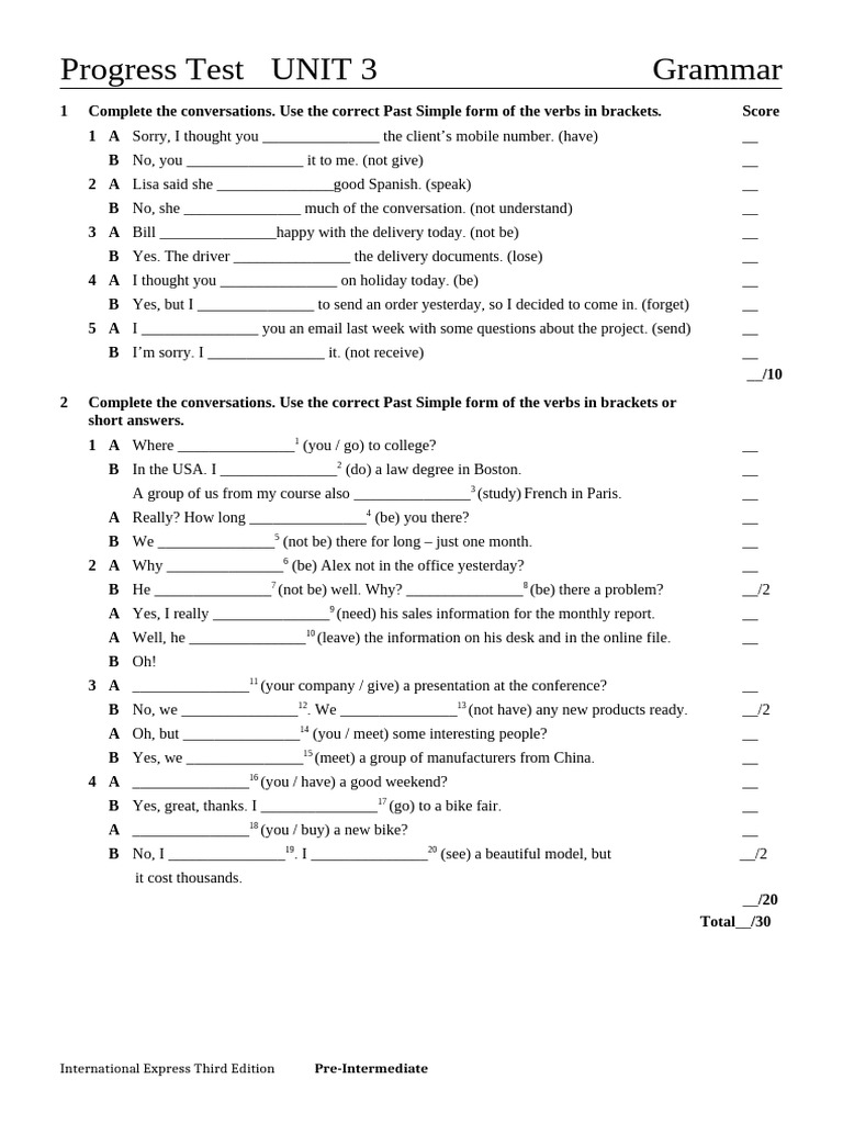 Progress Test UNIT 3: Grammar & Vocabulary | PDF